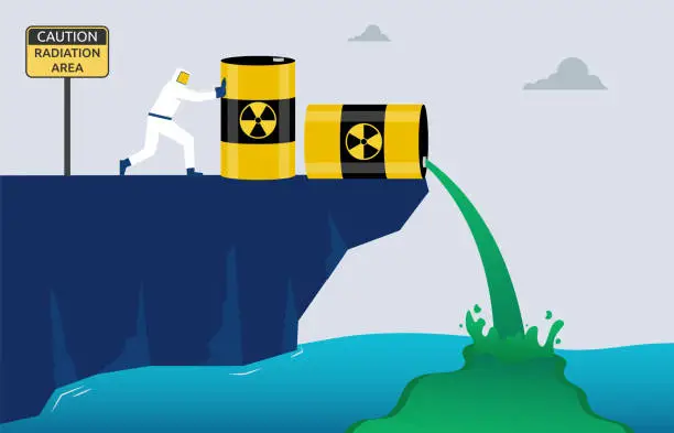 Vector illustration of Worker dump radioactive waste into the sea, hazardous waste water pollution, global concern for human and environment health, harmful material contamination