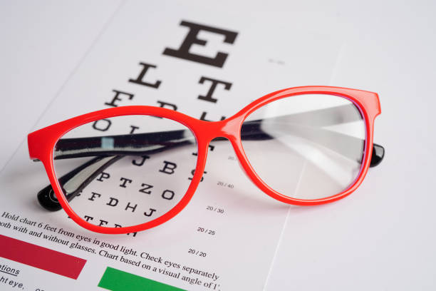 istock Glasses on eye exam chart to test eyesight accuracy of reading. 1946335864
