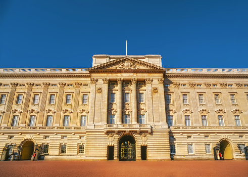 The facade and balcony of Buckingham Palace, London, England, United Kingdom