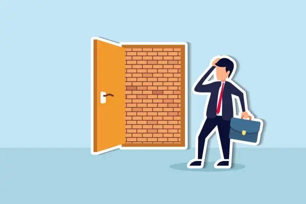 Vector illustration of Business dead end, no way to exit or big mistake and wrong decision, obstacle and difficulty to overcome concept, businessman open exit door and found brick wall blocking the way.