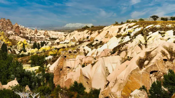 View of Uchisar town and Pigeon valley from the viewpoint near Göreme,a UNESCO world heritage site in the Cappadocia Region, Central Anatolia,Turkey.