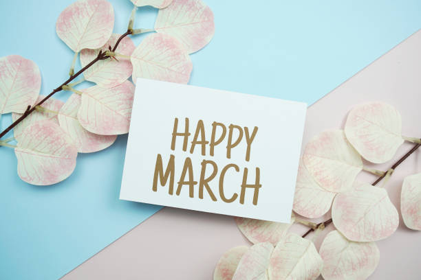 istock Happy March text message with artificial leave on blue and pink background 1946381899