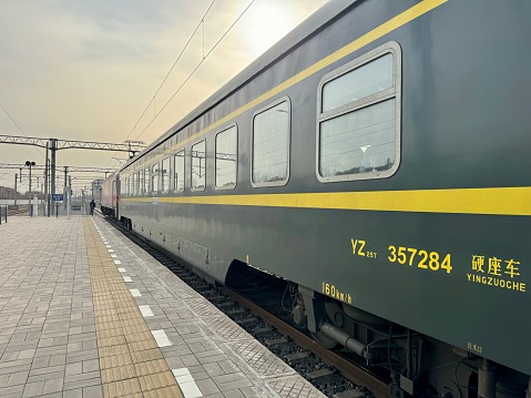 January 20, 2024- Langfang, Hebei, China: Langfang is a city 60kms from Beijing and the Beijing-Shanghai ordinary railway crosses the territory of Langfang and the railway station where is called Guangyang Station.  Here is an ordinary passenger train arriving Guangyang Station.