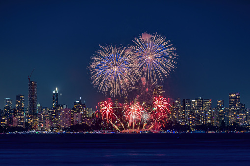 Fireworks with city skyline in the background