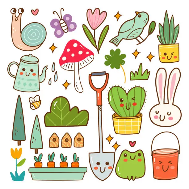 Vector illustration of Garden animal and plant kawaii doodle set