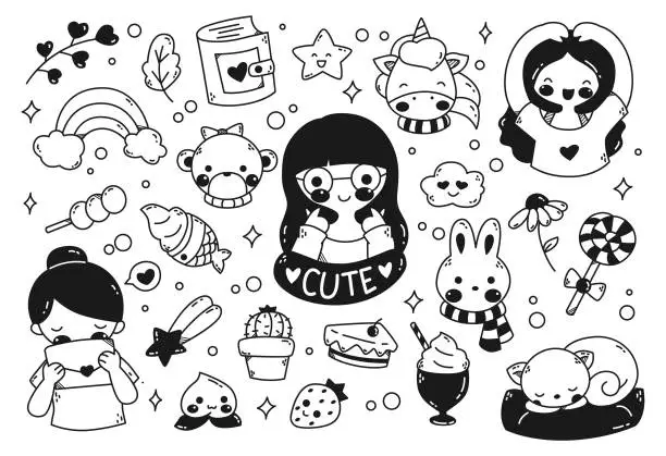 Vector illustration of Set of Kawaii Doodle Isolated on White