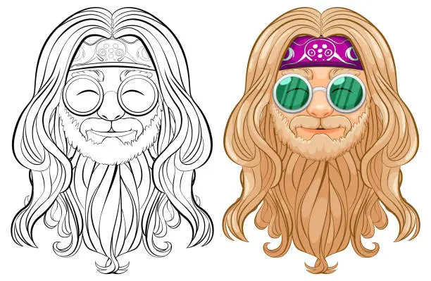 Vector illustration of Colorful and black-and-white hippie character design.