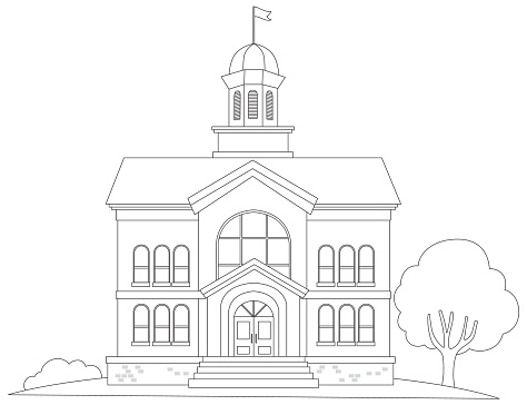 Line art of a traditional schoolhouse with a tree