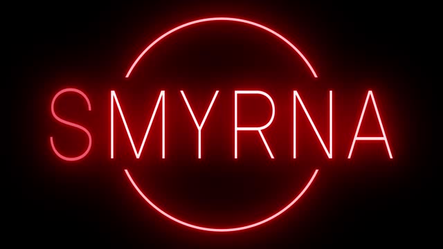 Glowing and blinking red retro neon sign for SYMRNA