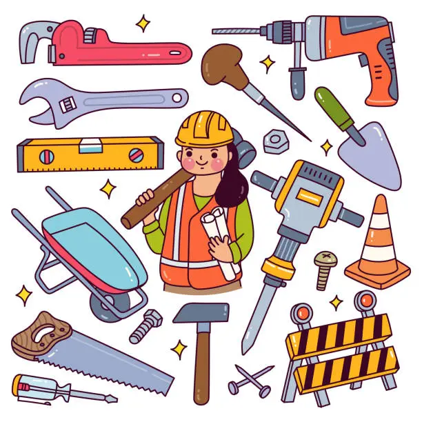 Vector illustration of Construction Worker Equipment set in Doodle Style
