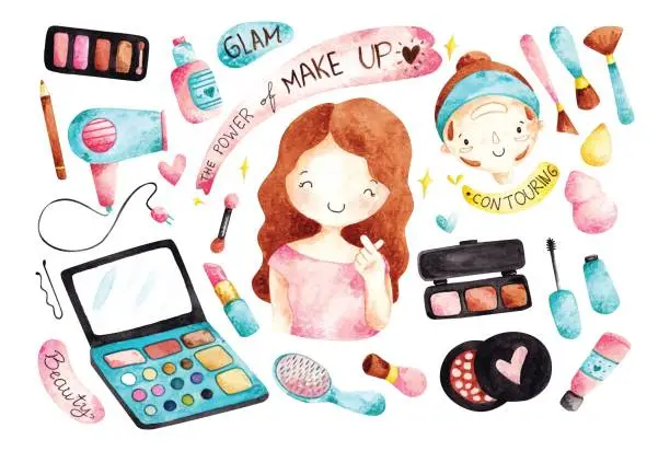 Vector illustration of water color style make up kits illustration