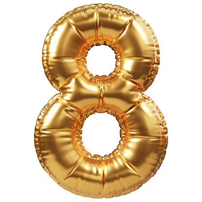 Gold helium balloon in form of number 8 or eight. 3D realistic decoration, design element related for all events and party, holiday greetings for birthday, anniversary, percentage discount at sale