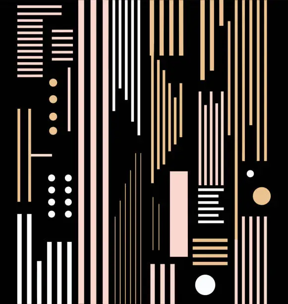 Vector illustration of abstract black and white line on black background vector, in the style of repetitive, light pink and dark beige, ogham scripts, geometry-inspired, modern