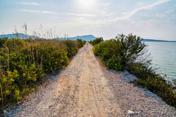 View of Gialova lagoon. The Gialova lagoon is one of the most important wetlands in Europe because it constitutes the southernmost migratory station of migratory birds.