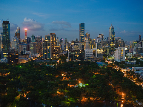 Bangkok cityscape  and Lumphini park visible from above