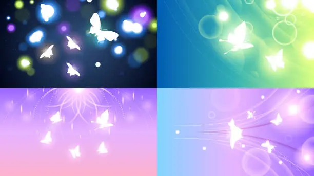 Vector illustration of Set Abstract Collection Dark Background With Butterflies Insects Glow Light Shine Flashes Vector Design Style