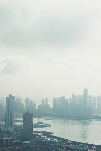 Panama City skyline taken in early morning fog, Panama City, Panama, Central America