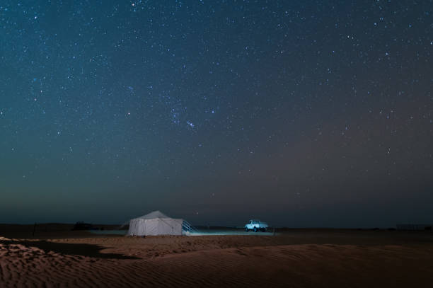 istock night Star trailing  with Gemini Meteors shooting in safari desert camping 1946723647