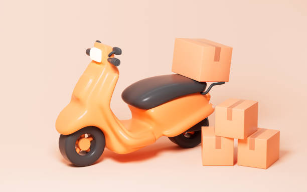 istock Cartoon scooter and boxes, online order, express delivery, 3d rendering. 1946725868