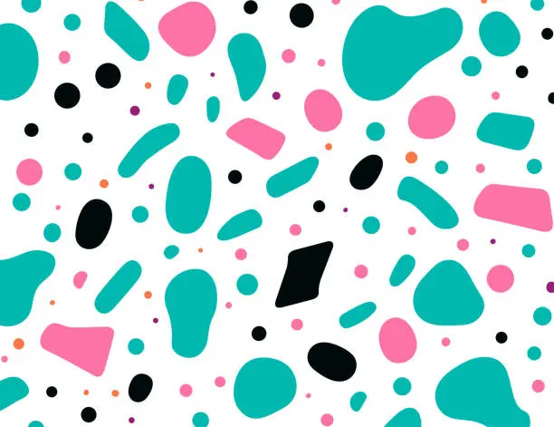 Vector illustration of abstract geometric pattern of small and and green shapes on a white background, in the style of simplistic characters, trendy design, geometric shapes & patterns, light teal and magenta