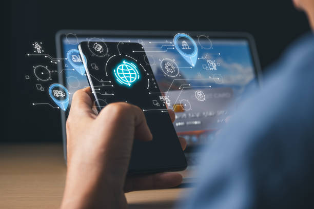 istock Businessman using mobile phone with logistic and transportation icons digital screen for logistic and digital supply chain concept. 1946792822