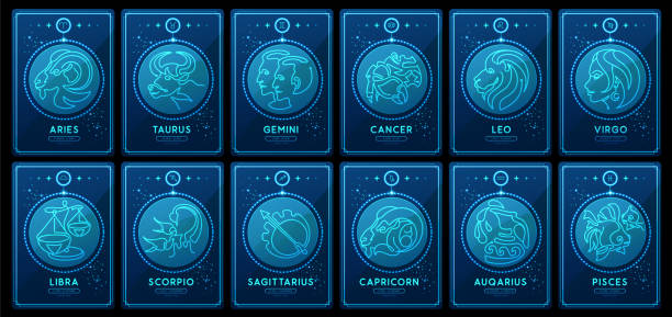 istock Set of neon modern magic witchcraft cards with astrology zodiac signs in the night sky. Zodiac characteristic. Zodiac icons. Vector illustration 1946818687