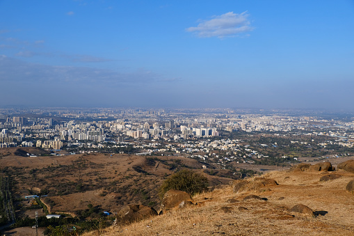 Morning view at morning sunrice from Mount Precipice on Nazareth city and a nearby valley near Nazareth in Israel