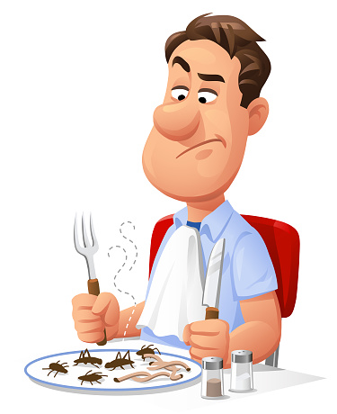 Vector illustration of a skeptcial man sitting at the dining table looking at a plate full of edible insects, isolated on white.