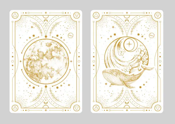 Vector illustration of Set of Modern magic witchcraft cards with full moon and whale. Hand drawing occult vector illustration of whale, water and moon.