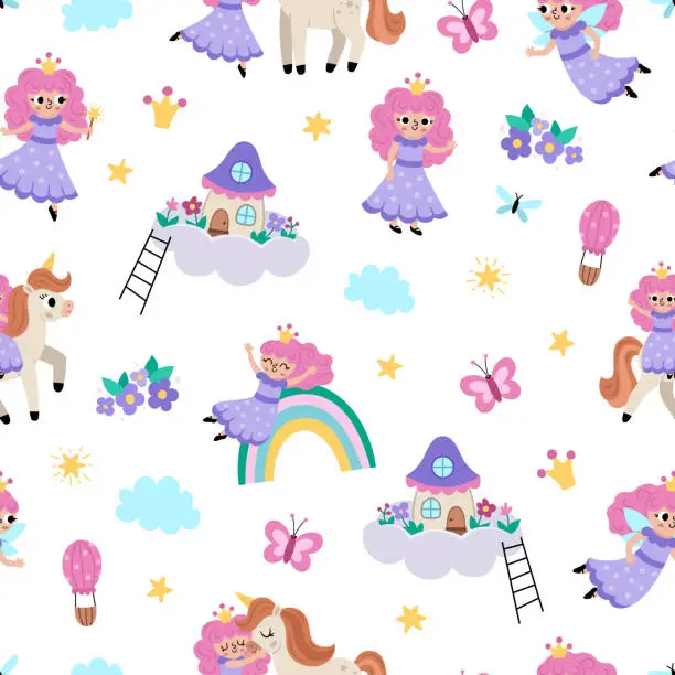 Vector illustration of Vector fairy seamless pattern. Fantasy sorceress repeat background with magic wand, pink hair, crown, house on cloud. Fairytale character digital paper. Cartoon magic princess backdrop