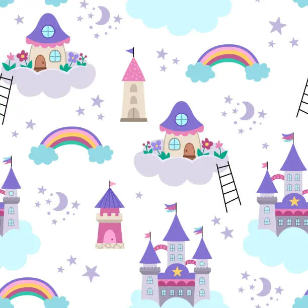 Vector illustration of Vector seamless pattern with unicorn castle, fairy house on cloud, towers. Repeat background with fairytale homes, rainbow, stars, moon. Fantasy world digital paper