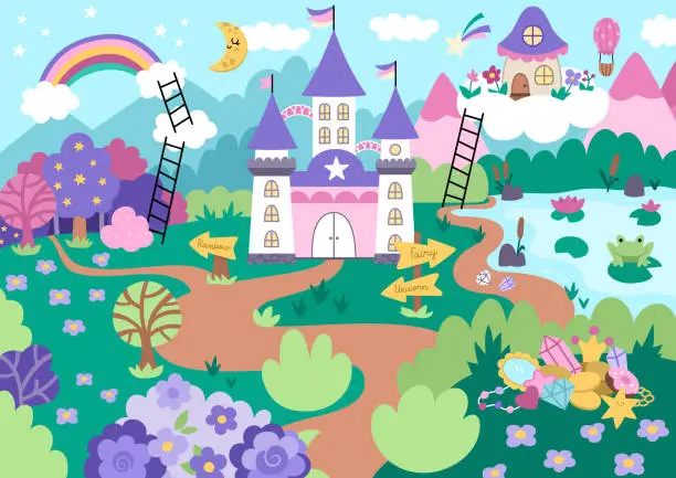 Vector illustration of Vector unicorn themed landscape illustration. Fairytale scene with castle, rainbow, forest, pond, treasures, mountains, garden. Magic nature background. Fantasy world picture for kids