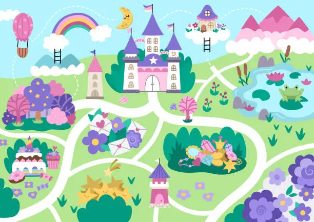 Vector illustration of Unicorn village map. Fairytale background. Vector magic country scenes infographic elements with castle, rainbow, forest, pond, road. Fantasy world plan with fallen stars, treasures, sweets