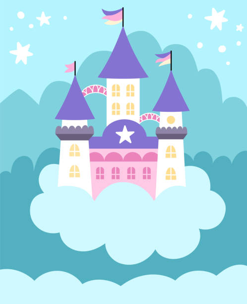 istock Vector blue abstract background with unicorn castle, clouds, stars. Magic or fantasy world scene with place for text. Cute fairytale vertical nature landscape for kids. Night sky illustration 1946881063