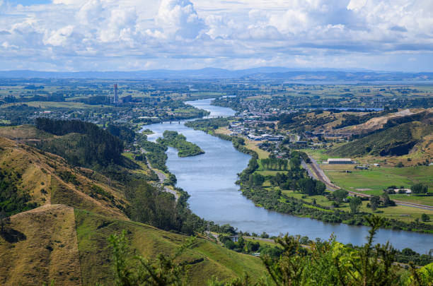 View of Huntly and Waikato River from Hakarimata Summit track. Huntly. New Zealand. View of Huntly and Waikato River from Hakarimata Summit track. Huntly. New Zealand. waikato river stock pictures, royalty-free photos & images