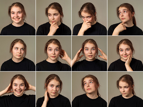 Different facial expressions, set portraits of teen cover girl 14-15 year old, actress emotions portfolio. Emotional collage teenage model posing at black. Actor emotion concept. Copy ad text space