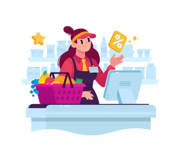 Vector illustration of Illustration of a cashier saleswoman girl in a supermarket. Vector. A character in a store behind the cash register sells goods. Hero mascot for a catalog or corporate style. Discounts on goods. Shopping cart with groceries.