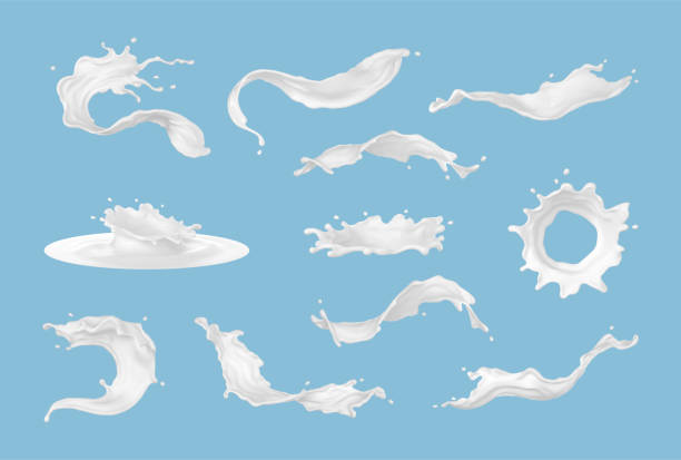 Realistic milk splashes with drops and splatters. Splashes of milk or white liquid isolated on blue background. Liquid flow streams set. Milky or dairy fresh product. Vector realistic.
