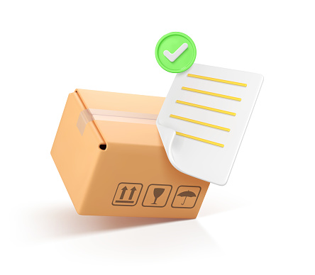 3D cardboard box and confirmed order with tick. Confirmed order delivery concept. Shipment checklist. Delivery of order in cardboard box. Fast delivery concept. Mail by courier. Vector 3d illustration