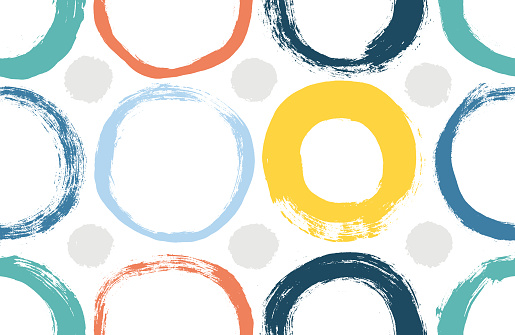 Seamless banner design with hand drawn kids style circles, dots. Pastel brush drawn bold circles with grunge texture. Colorful high quality distressed texture. Vector with naive style round shapes.