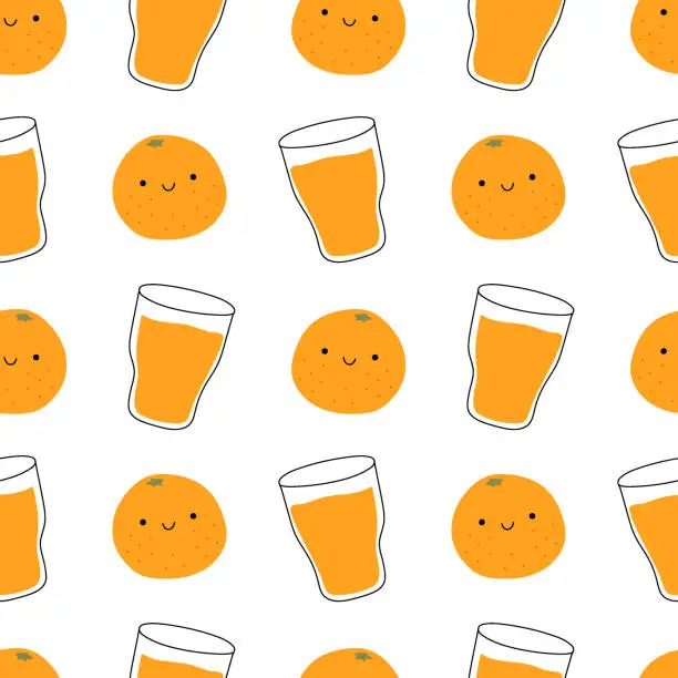Vector illustration of Seamless orange juice pattern. Kawaii orange and a glass of orange juice. For background, print, case, cover, packaging