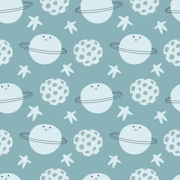 Vector illustration of Seamless astronomy pattern. Funny planets and stars. Baby pattern. For clothing, packaging, wrapping paper, cover, wallpaper