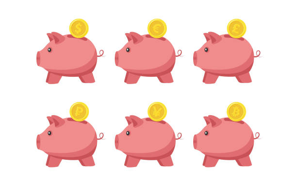 ilustrações, clipart, desenhos animados e ícones de piggy bank e moedas com símbolos de moeda. conjunto de cofrinhos com moedas de ouro. - piggy bank gold british currency pound symbol