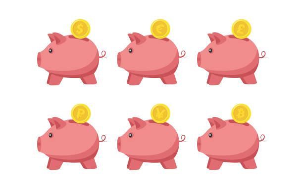 Piggy Bank and Coins with currency symbols. Set of piggy banks with gold coins. Piggy Bank and Coins with currency symbols. Set of piggy banks with gold coins. piggy bank gold british currency pound symbol stock illustrations