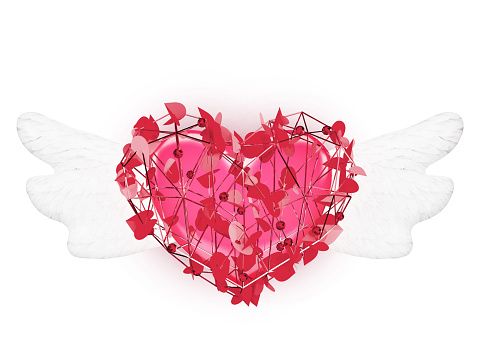 Heart with angel wings and gold ring love symbol flying in clouds. Valentine's day theme. 3D illustration
