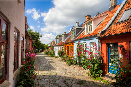 Houses in the charming and famous street called Møllestien in Aarhus, Denmark