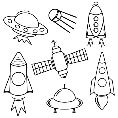 A set of space isolated icons of planets, satellites, UFOs and rockets. Vector illustration.
