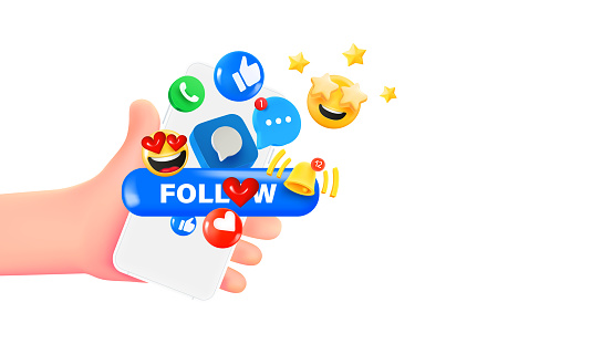 Man holding smartphone with emojis. 3d banner with copy space