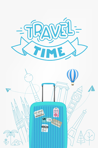Blue bag with world sights. Travel time concept with lettering logo. vector illustration