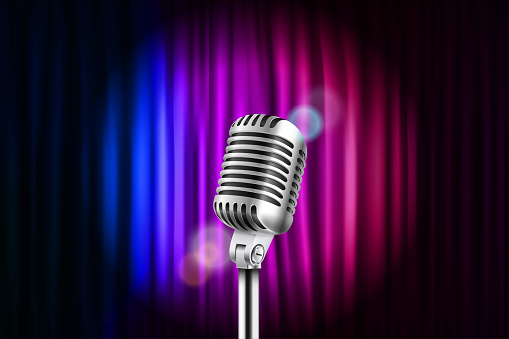 Silver microphone and velvet curtains. Vector illustration